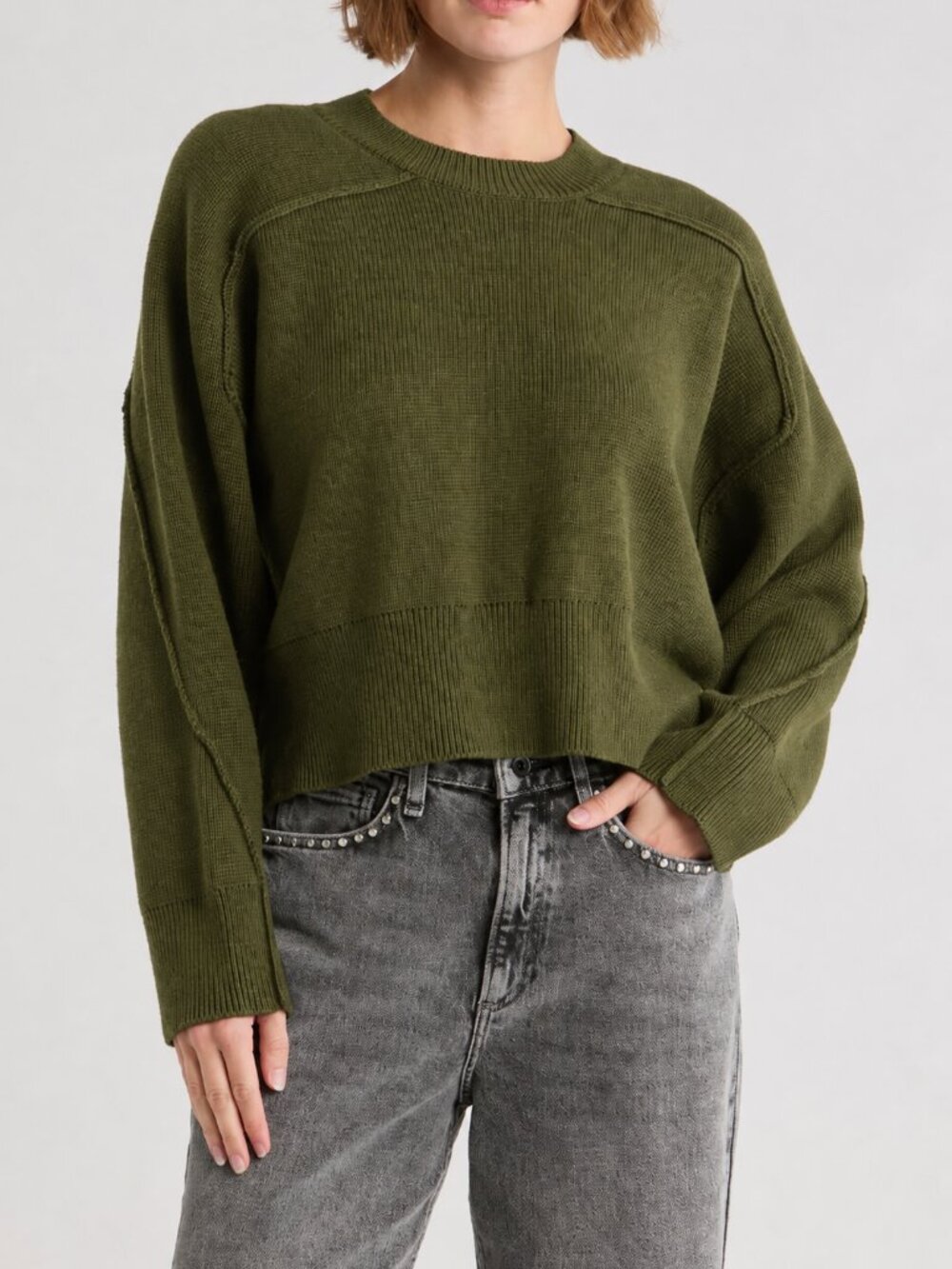 Rag & Bone Lysa Cropped Sweater Olive Green Crewneck Cotton Wool Women’s S